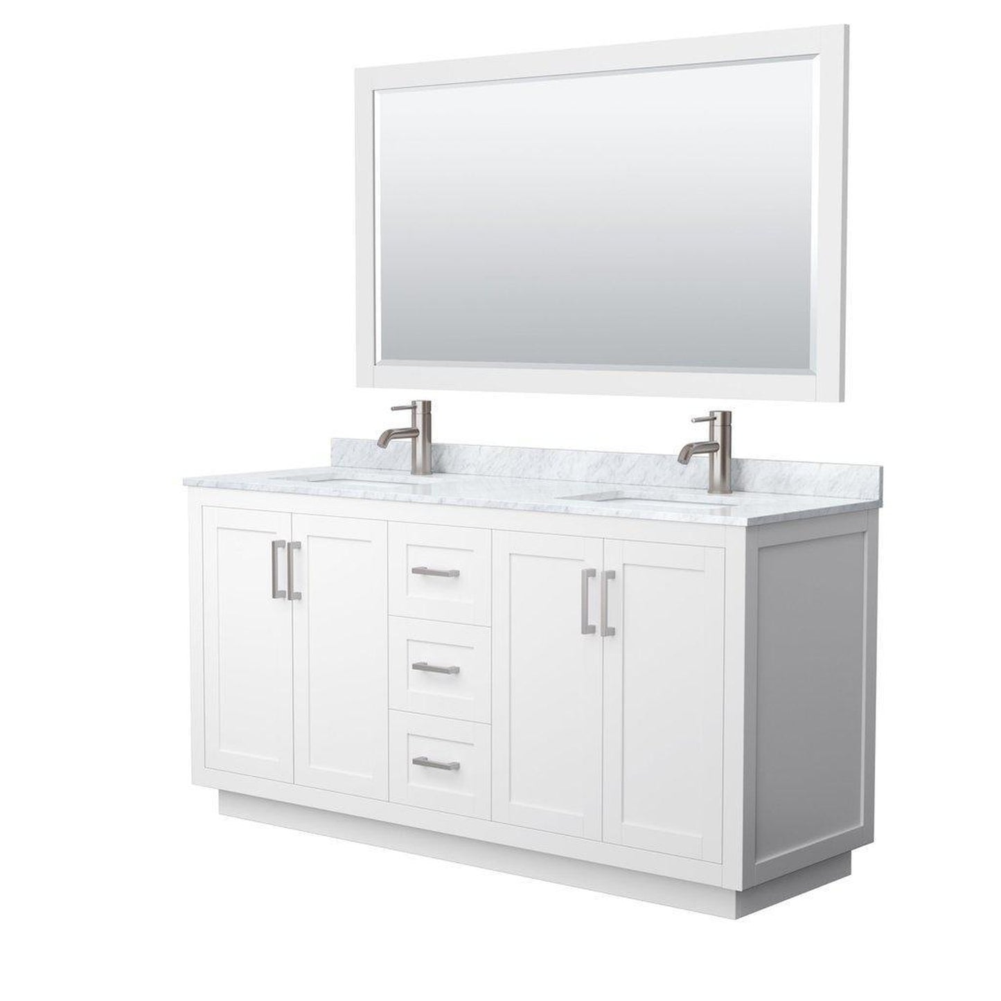 Wyndham Collection Miranda 66" Double Bathroom White Vanity Set With White Carrara Marble Countertop, Undermount Square Sink, 58" Mirror And Brushed Nickel Trim