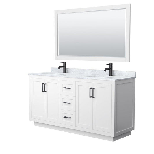 Wyndham Collection Miranda 66" Double Bathroom White Vanity Set With White Carrara Marble Countertop, Undermount Square Sink, 58" Mirror And Matte Black Trim