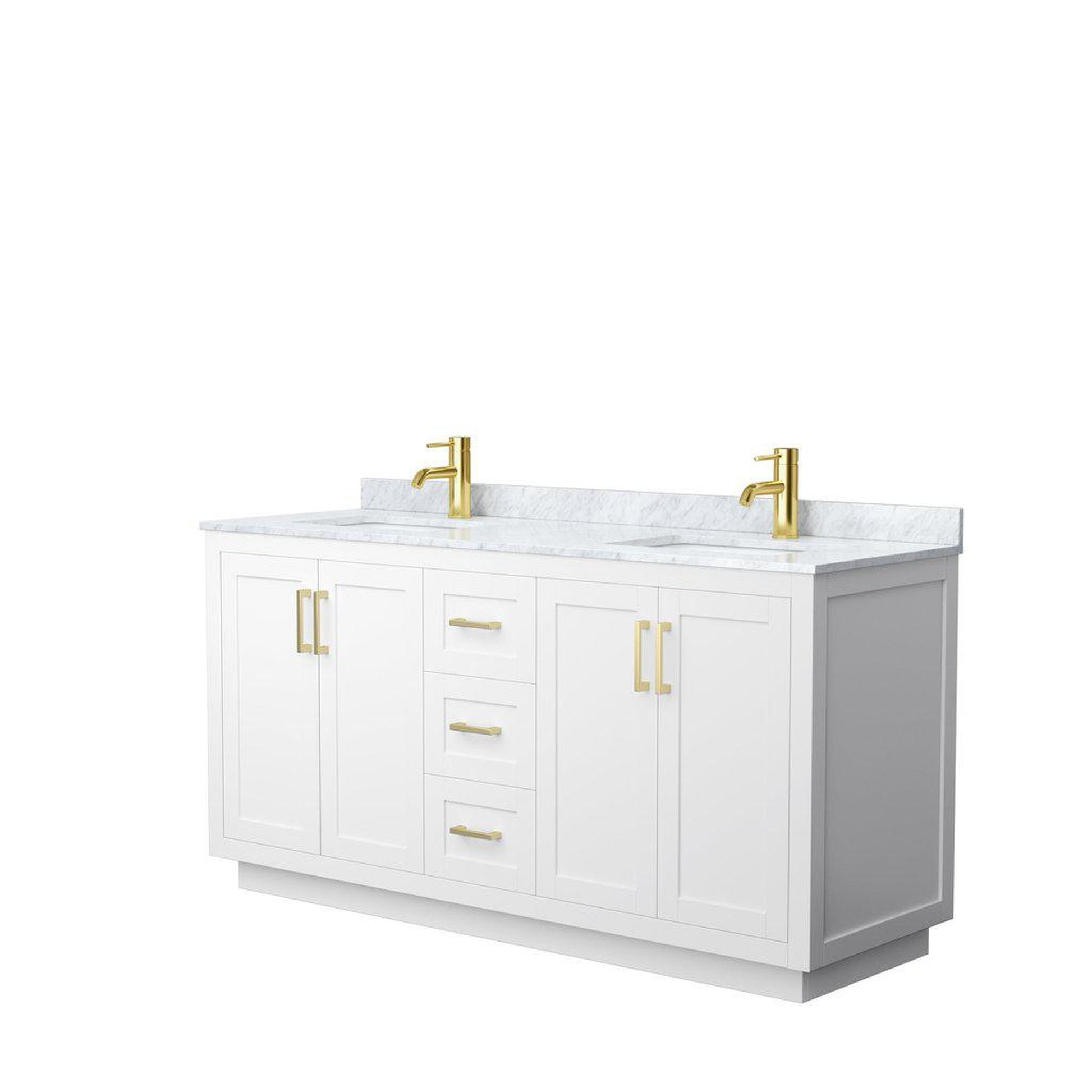 Wyndham Collection Miranda 66" Double Bathroom White Vanity Set With White Carrara Marble Countertop, Undermount Square Sink, And Brushed Gold Trim