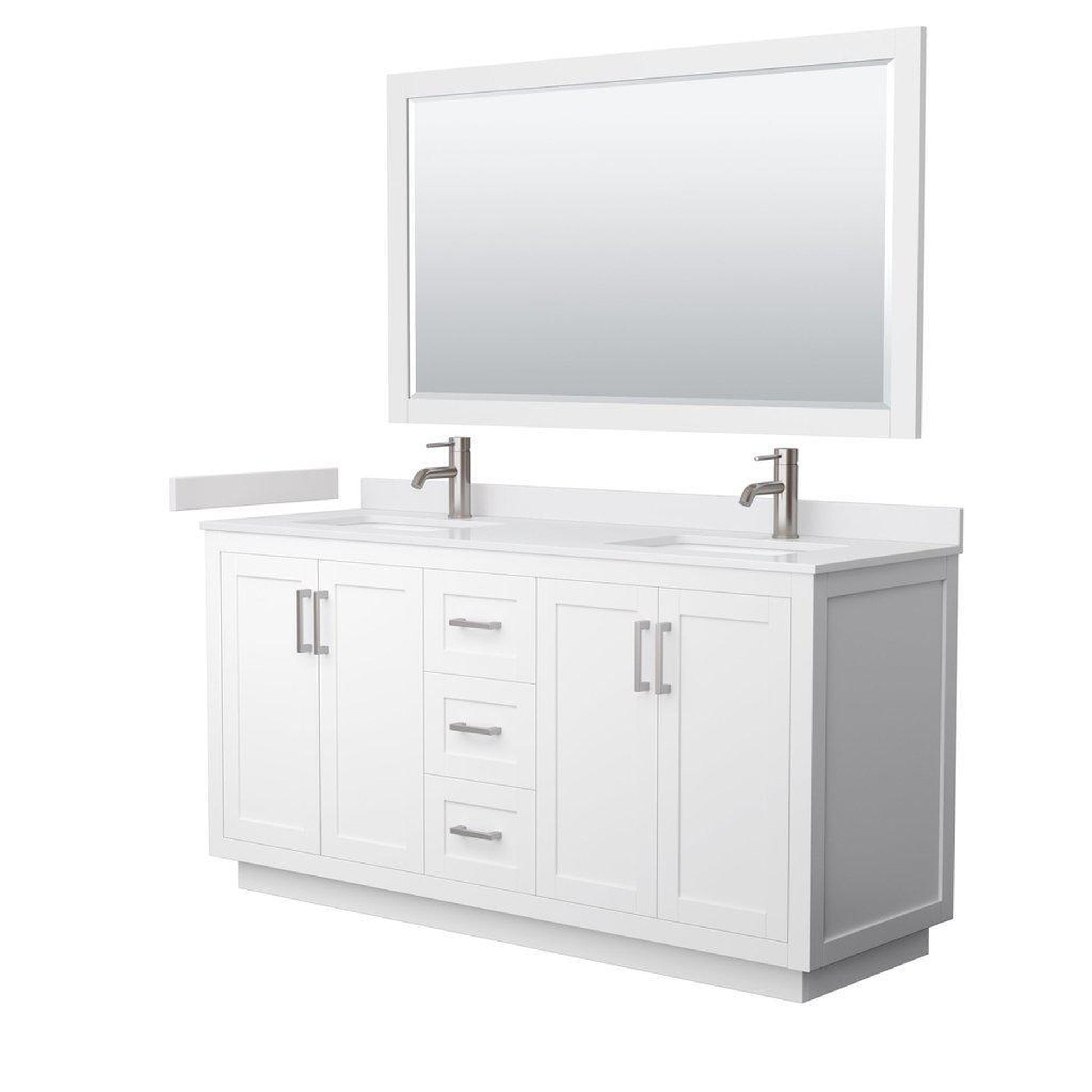 Wyndham Collection Miranda 66" Double Bathroom White Vanity Set With White Cultured Marble Countertop, Undermount Square Sink, 58" Mirror And Brushed Nickel Trim