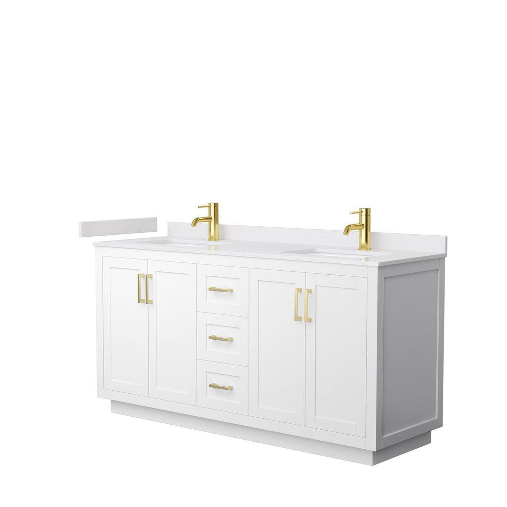 Wyndham Collection Miranda 66" Double Bathroom White Vanity Set With White Cultured Marble Countertop, Undermount Square Sink, And Brushed Gold Trim