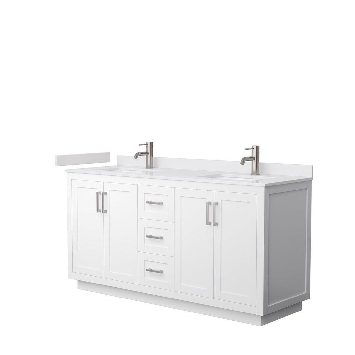 Wyndham Collection Miranda 66" Double Bathroom White Vanity Set With White Cultured Marble Countertop, Undermount Square Sink, And Brushed Nickel Trim