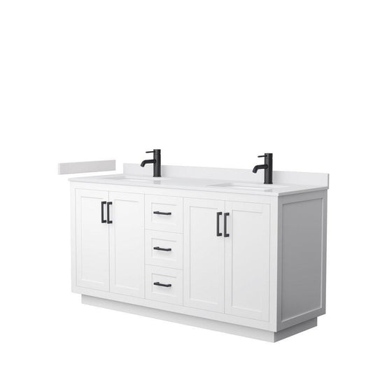 Wyndham Collection Miranda 66" Double Bathroom White Vanity Set With White Cultured Marble Countertop, Undermount Square Sink, And Matte Black Trim