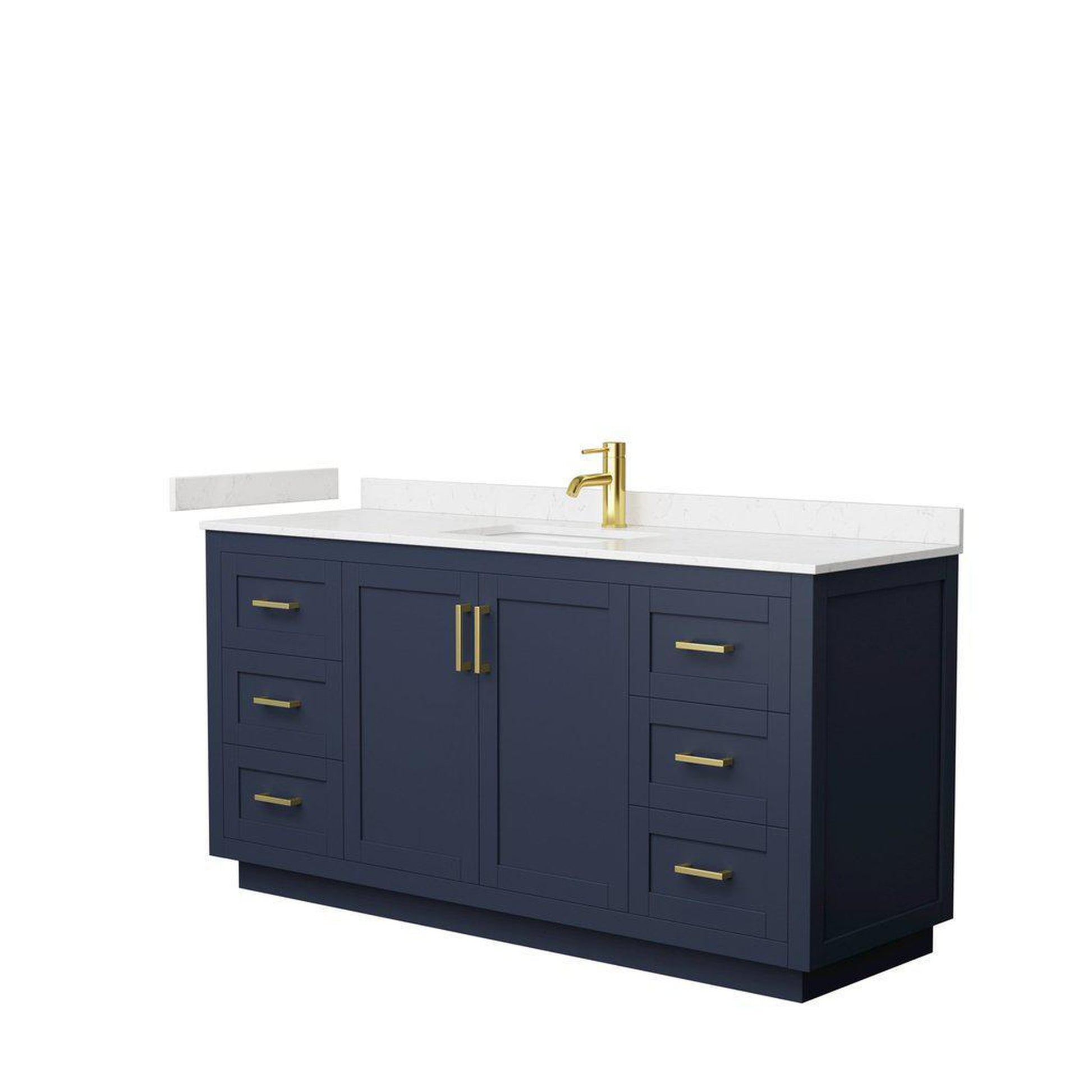 Wyndham Collection Miranda 66" Single Bathroom Dark Blue Vanity Set With Light-Vein Carrara Cultured Marble Countertop, Undermount Square Sink, And Brushed Gold Trim