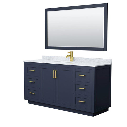 Wyndham Collection Miranda 66" Single Bathroom Dark Blue Vanity Set With White Carrara Marble Countertop, Undermount Square Sink, 58" Mirror And Brushed Gold Trim
