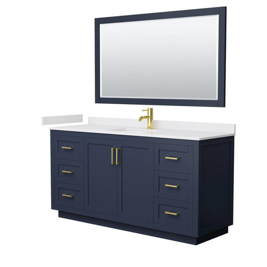 Wyndham Collection Miranda 66" Single Bathroom Dark Blue Vanity Set With White Cultured Marble Countertop, Undermount Square Sink, 58" Mirror And Brushed Gold Trim