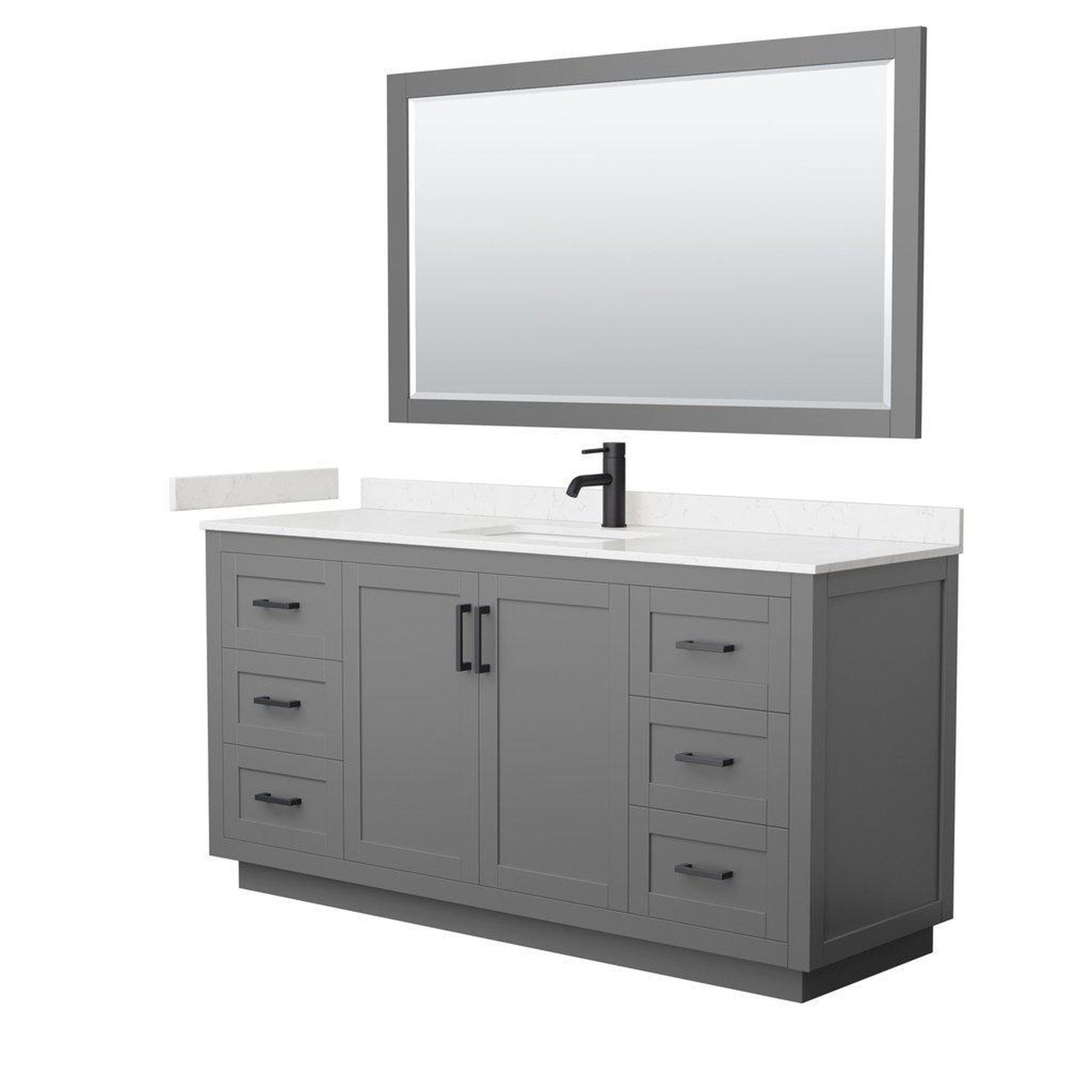 Wyndham Collection Miranda 66" Single Bathroom Dark Gray Vanity Set With Light-Vein Carrara Cultured Marble Countertop, Undermount Square Sink, 58" Mirror And Matte Black Trim