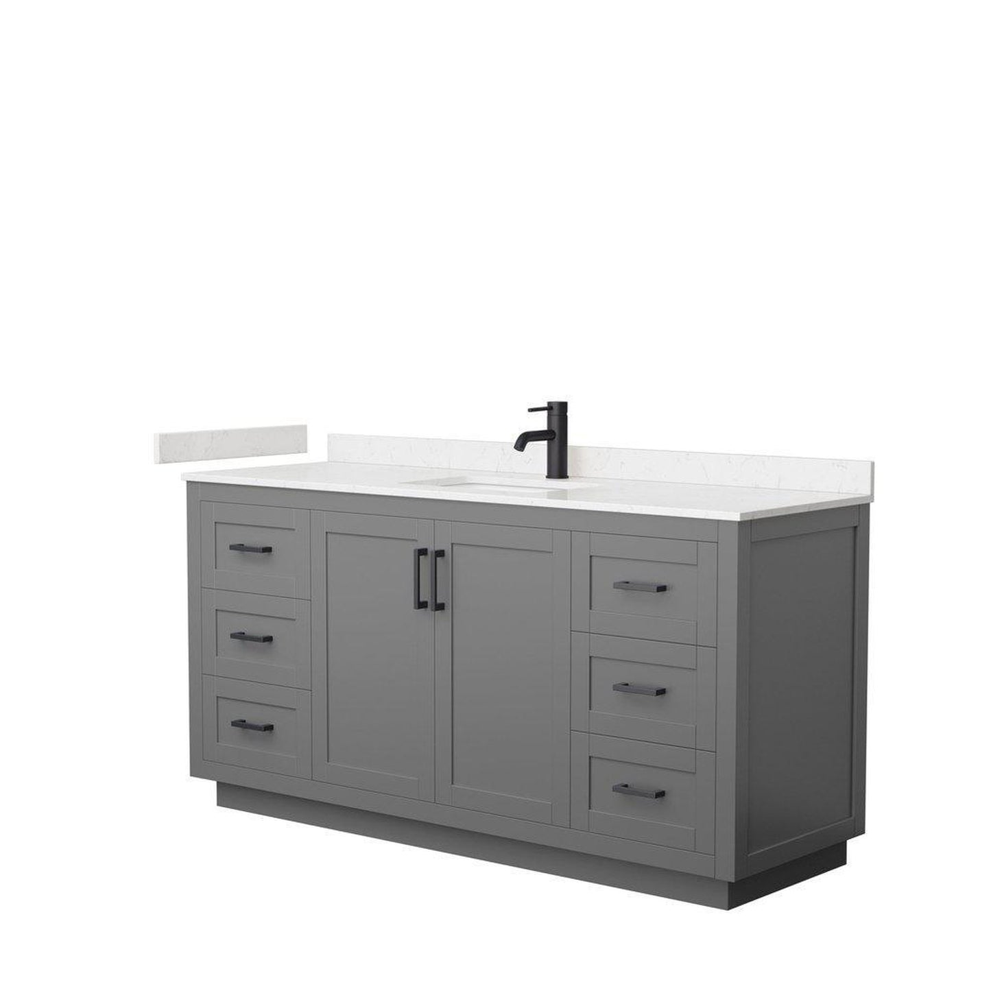 Wyndham Collection Miranda 66" Single Bathroom Dark Gray Vanity Set With Light-Vein Carrara Cultured Marble Countertop, Undermount Square Sink, And Matte Black Trim