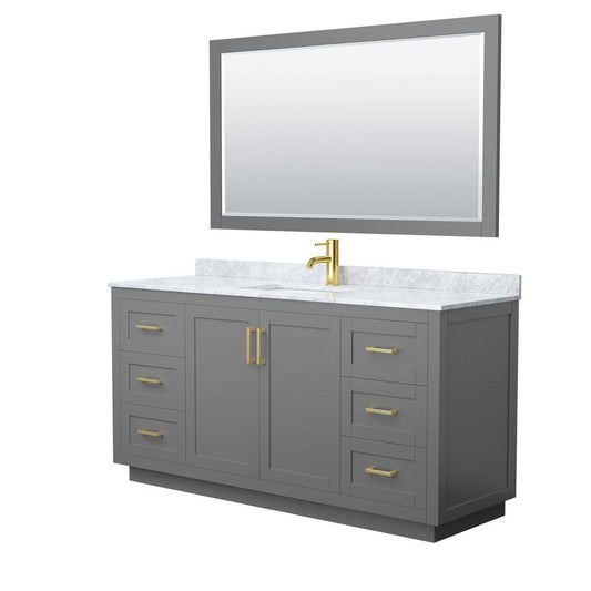 Wyndham Collection Miranda 66" Single Bathroom Dark Gray Vanity Set With White Carrara Marble Countertop, Undermount Square Sink, 58" Mirror And Brushed Gold Trim