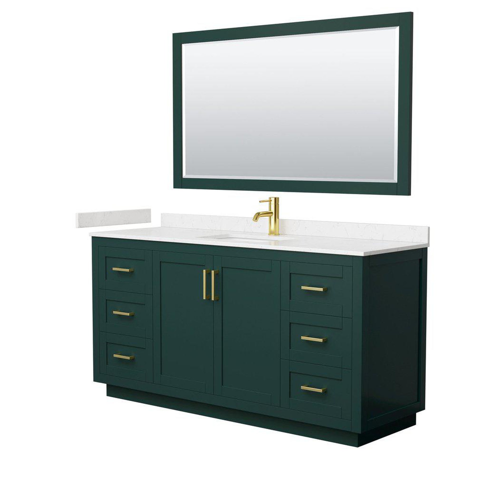 Wyndham Collection Miranda 66" Single Bathroom Green Vanity Set With Light-Vein Carrara Cultured Marble Countertop, Undermount Square Sink, 58" Mirror And Brushed Gold Trim