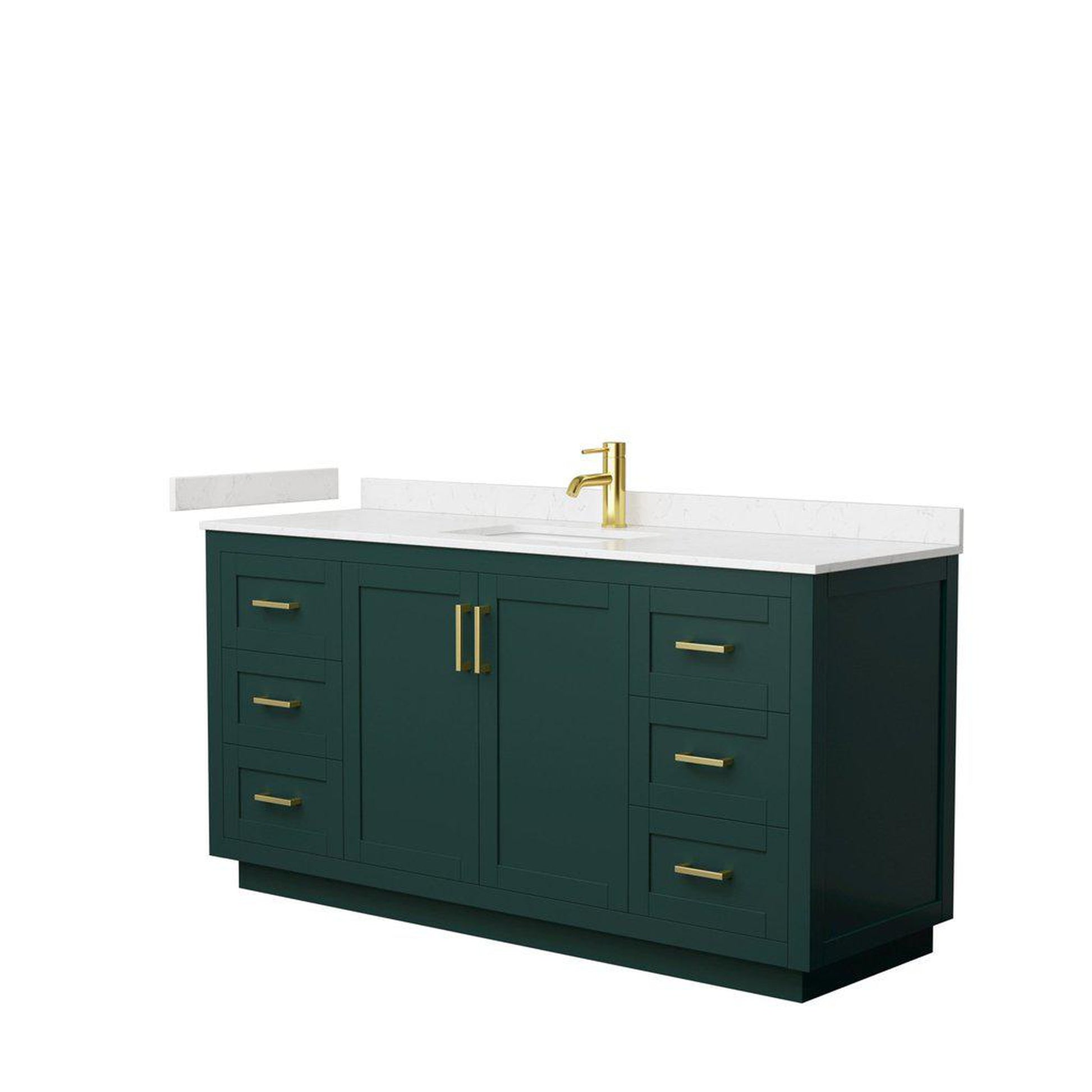 Wyndham Collection Miranda 66" Single Bathroom Green Vanity Set With Light-Vein Carrara Cultured Marble Countertop, Undermount Square Sink, And Brushed Gold Trim