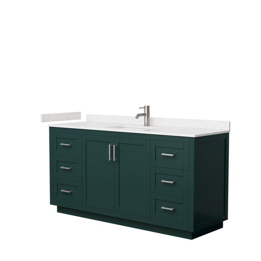 Wyndham Collection Miranda 66" Single Bathroom Green Vanity Set With Light-Vein Carrara Cultured Marble Countertop, Undermount Square Sink, And Brushed Nickel Trim