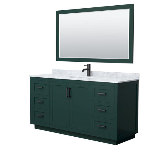 Wyndham Collection Miranda 66" Single Bathroom Green Vanity Set With White Carrara Marble Countertop, Undermount Square Sink, 58" Mirror And Matte Black Trim