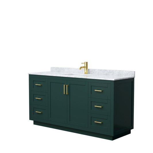 Wyndham Collection Miranda 66" Single Bathroom Green Vanity Set With White Carrara Marble Countertop, Undermount Square Sink, And Brushed Gold Trim