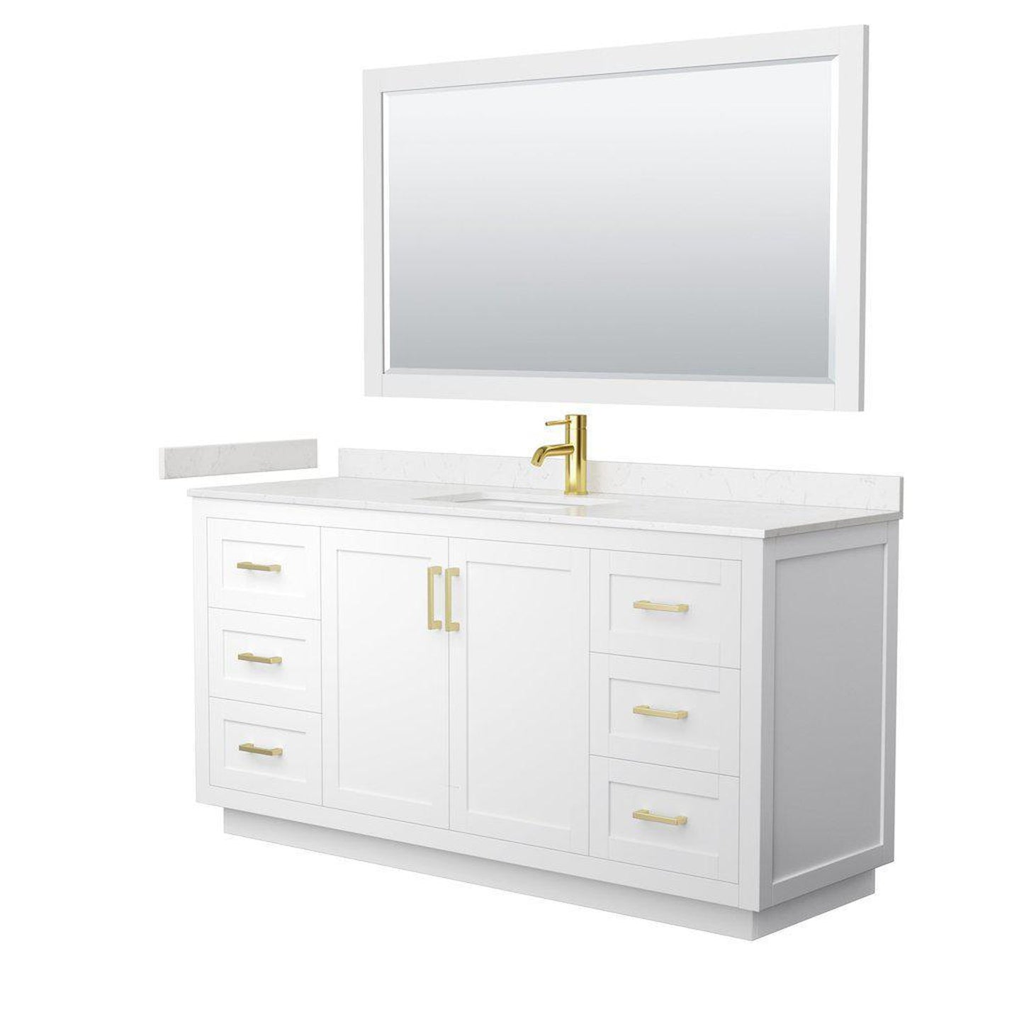 Wyndham Collection Miranda 66" Single Bathroom White Vanity Set With Light-Vein Carrara Cultured Marble Countertop, Undermount Square Sink, 58" Mirror And Brushed Gold Trim