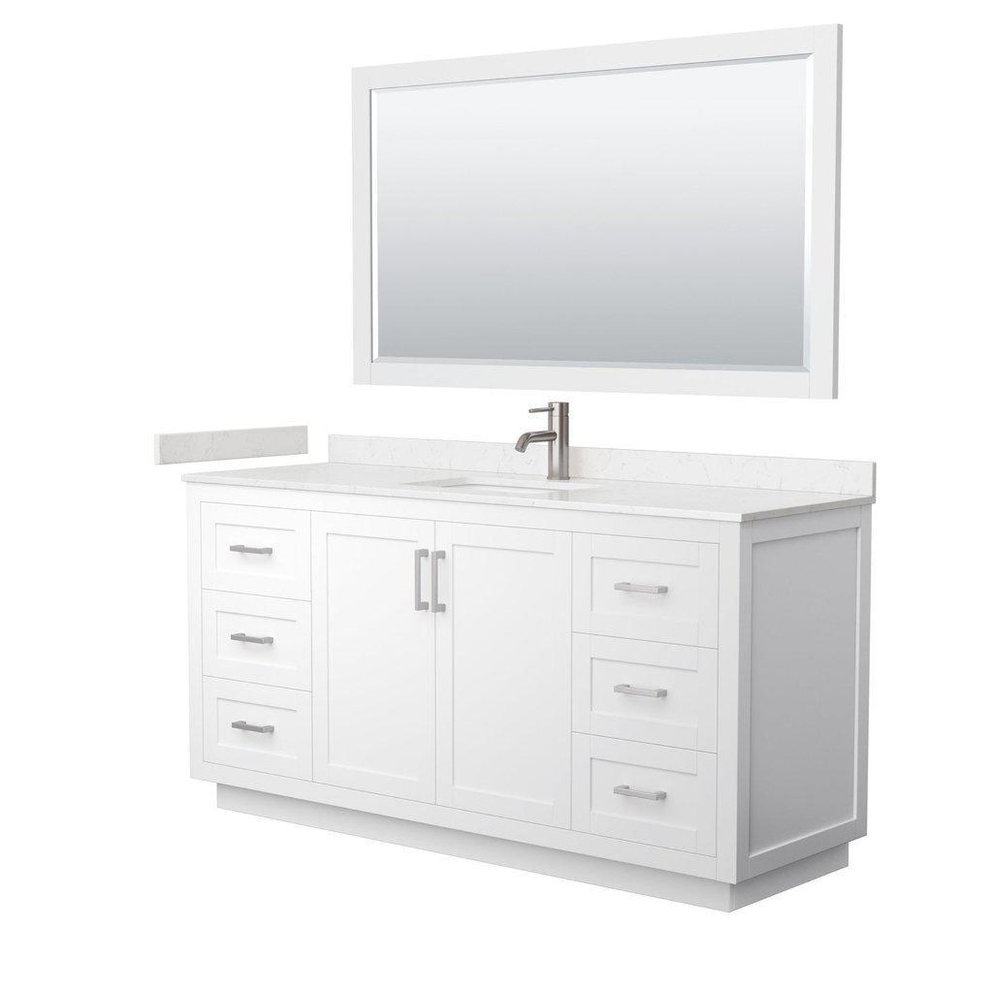 Wyndham Collection Miranda 66" Single Bathroom White Vanity Set With Light-Vein Carrara Cultured Marble Countertop, Undermount Square Sink, 58" Mirror And Brushed Nickel Trim