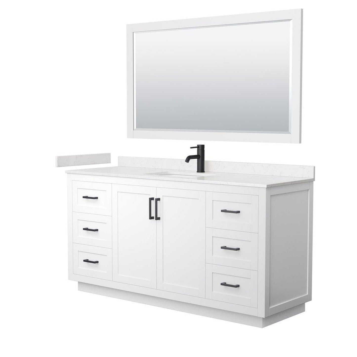 Wyndham Collection Miranda 66" Single Bathroom White Vanity Set With Light-Vein Carrara Cultured Marble Countertop, Undermount Square Sink, 58" Mirror And Matte Black Trim