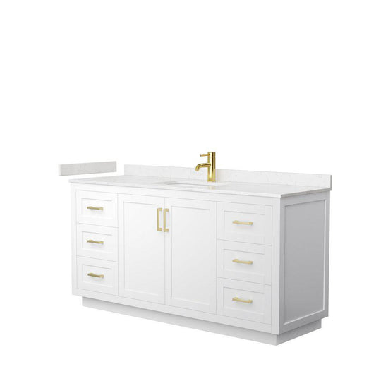 Wyndham Collection Miranda 66" Single Bathroom White Vanity Set With Light-Vein Carrara Cultured Marble Countertop, Undermount Square Sink, And Brushed Gold Trim