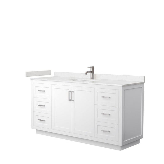 Wyndham Collection Miranda 66" Single Bathroom White Vanity Set With Light-Vein Carrara Cultured Marble Countertop, Undermount Square Sink, And Brushed Nickel Trim