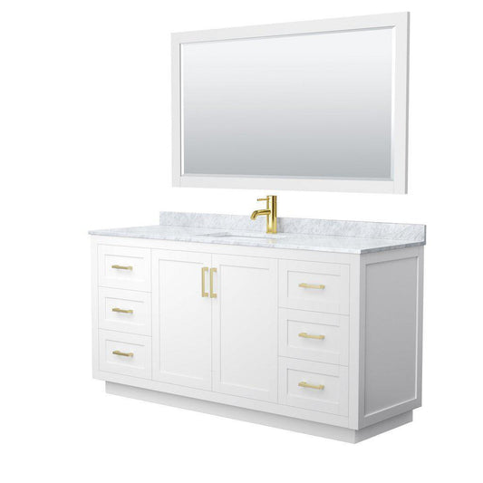 Wyndham Collection Miranda 66" Single Bathroom White Vanity Set With White Carrara Marble Countertop, Undermount Square Sink, 58" Mirror And Brushed Gold Trim