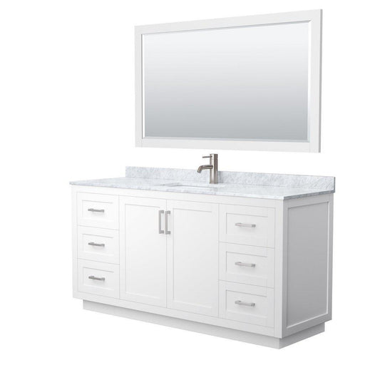 Wyndham Collection Miranda 66" Single Bathroom White Vanity Set With White Carrara Marble Countertop, Undermount Square Sink, 58" Mirror And Brushed Nickel Trim