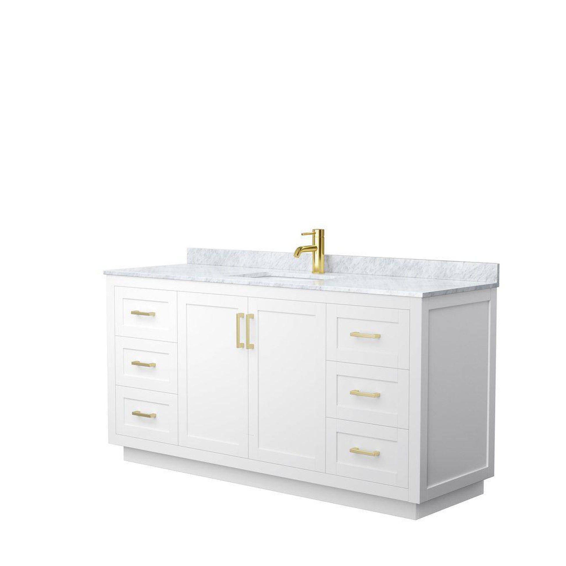 Wyndham Collection Miranda 66" Single Bathroom White Vanity Set With White Carrara Marble Countertop, Undermount Square Sink, And Brushed Gold Trim