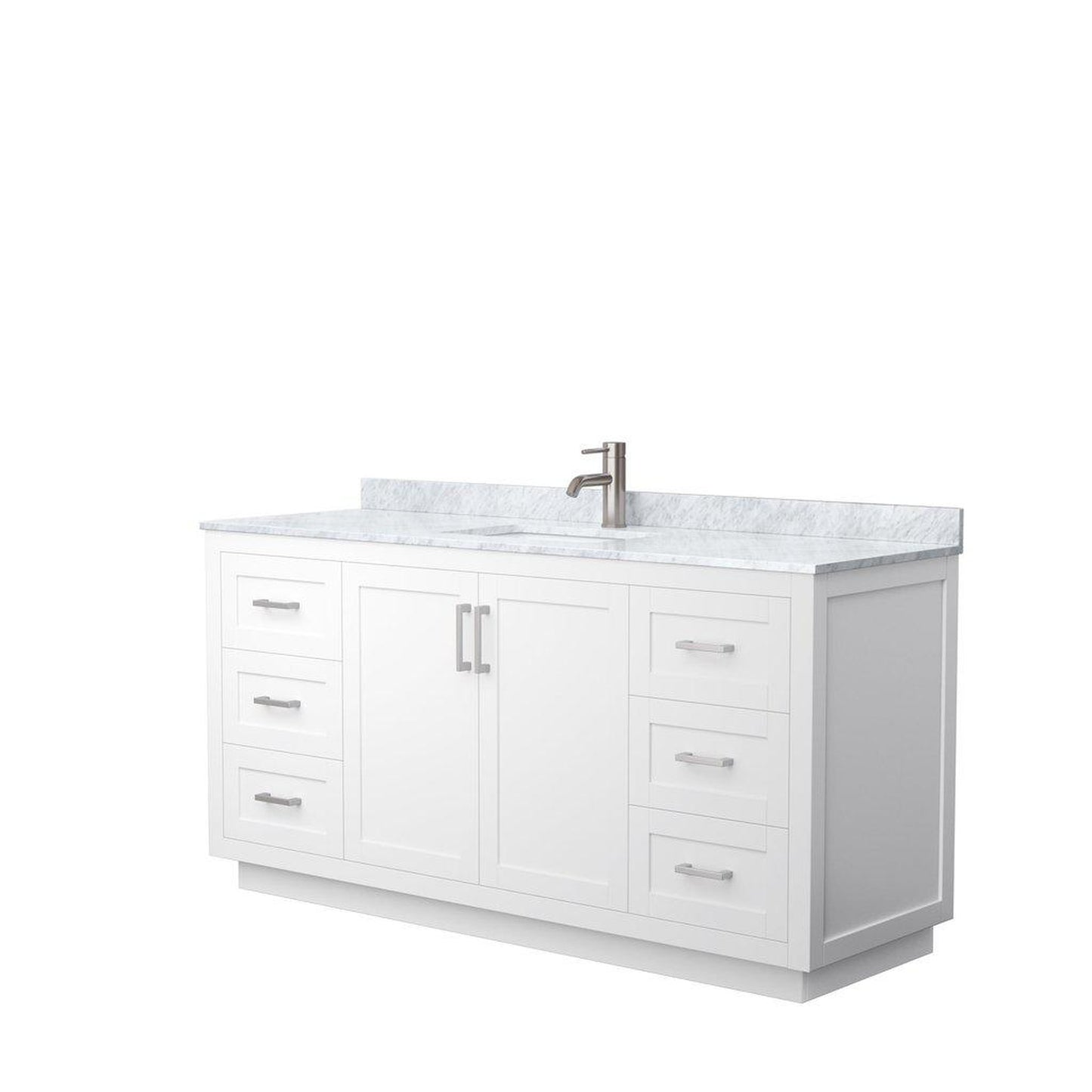Wyndham Collection Miranda 66" Single Bathroom White Vanity Set With White Carrara Marble Countertop, Undermount Square Sink, And Brushed Nickel Trim