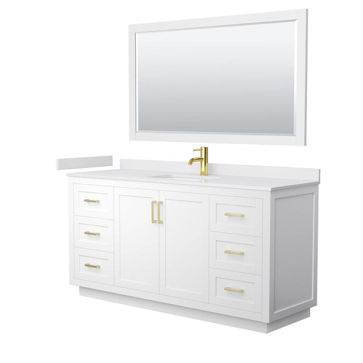 Wyndham Collection Miranda 66" Single Bathroom White Vanity Set With White Cultured Marble Countertop, Undermount Square Sink, 58" Mirror And Brushed Gold Trim