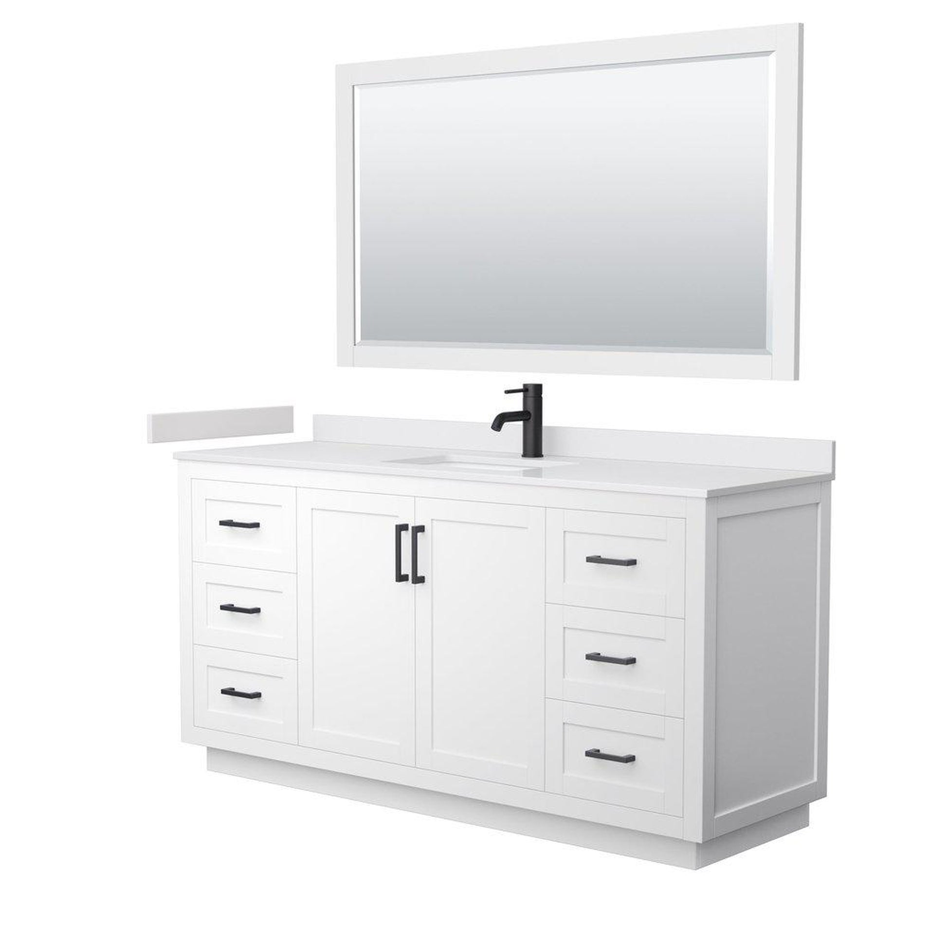 Wyndham Collection Miranda 66" Single Bathroom White Vanity Set With White Cultured Marble Countertop, Undermount Square Sink, 58" Mirror And Matte Black Trim