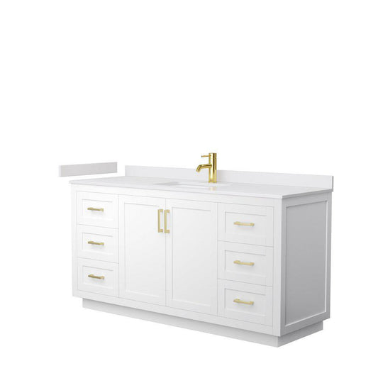 Wyndham Collection Miranda 66" Single Bathroom White Vanity Set With White Cultured Marble Countertop, Undermount Square Sink, And Brushed Gold Trim