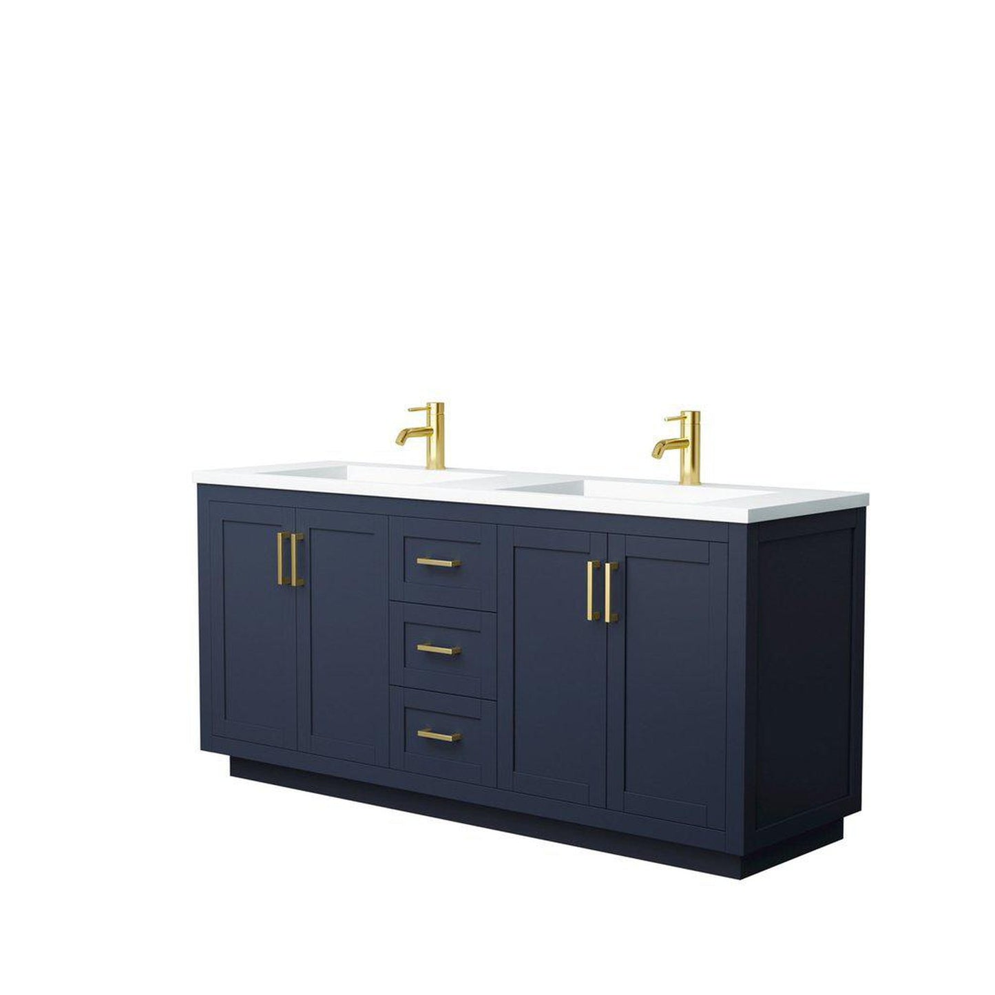 Wyndham Collection Miranda 72" Double Bathroom Dark Blue Vanity Set With 1.25" Thick Matte White Solid Surface Countertop, Integrated Sink, And Brushed Gold Trim
