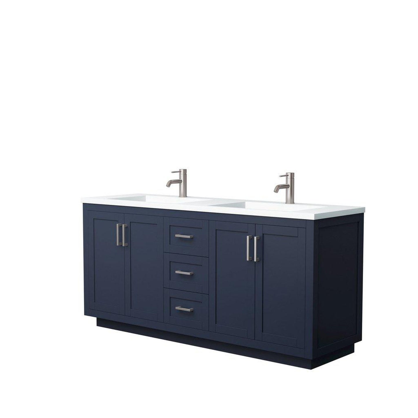 Wyndham Collection Miranda 72" Double Bathroom Dark Blue Vanity Set With 1.25" Thick Matte White Solid Surface Countertop, Integrated Sink, And Brushed Nickel Trim