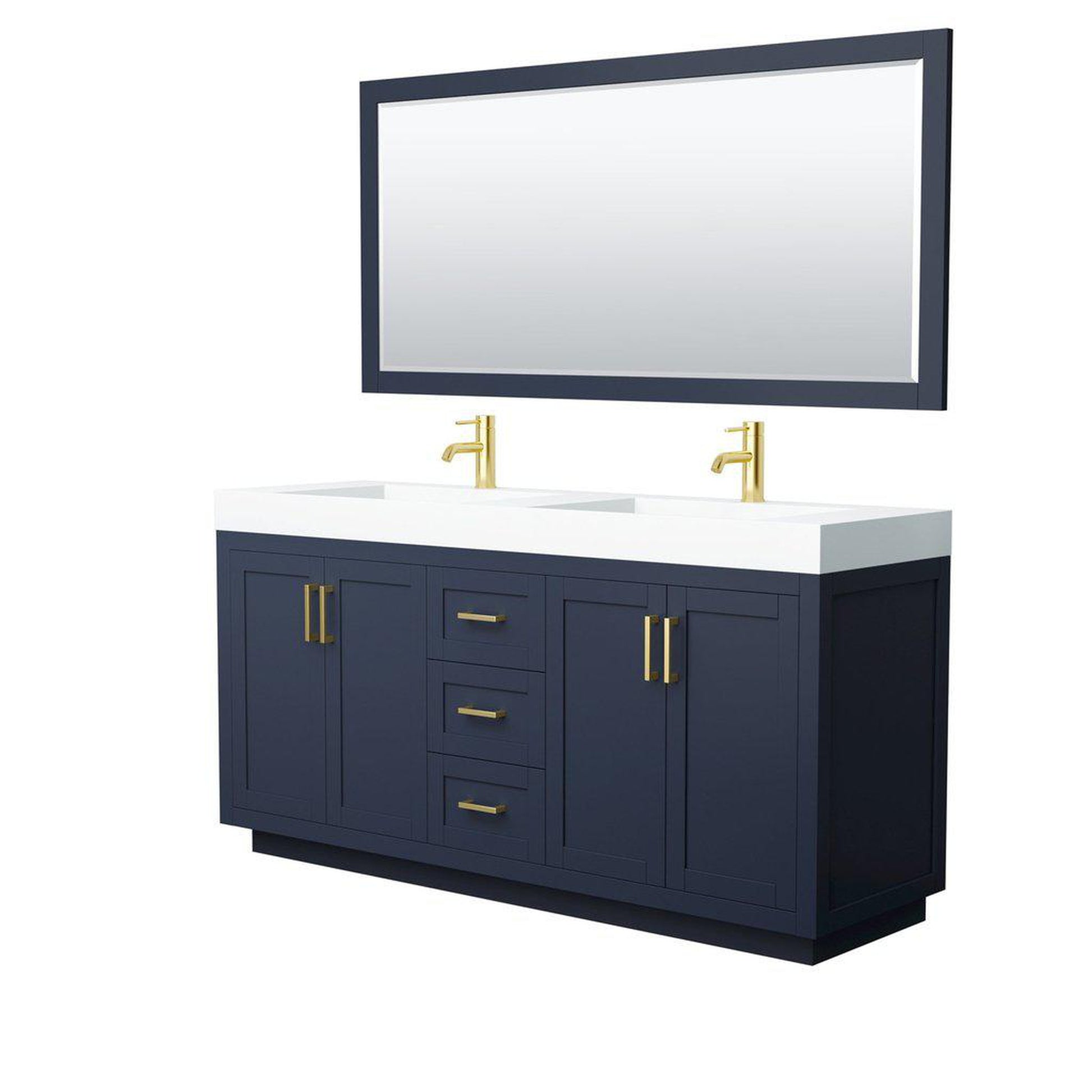 Wyndham Collection Miranda 72" Double Bathroom Dark Blue Vanity Set With 4" Thick Matte White Solid Surface Countertop, Integrated Sink, 70" Mirror And Brushed Gold Trim