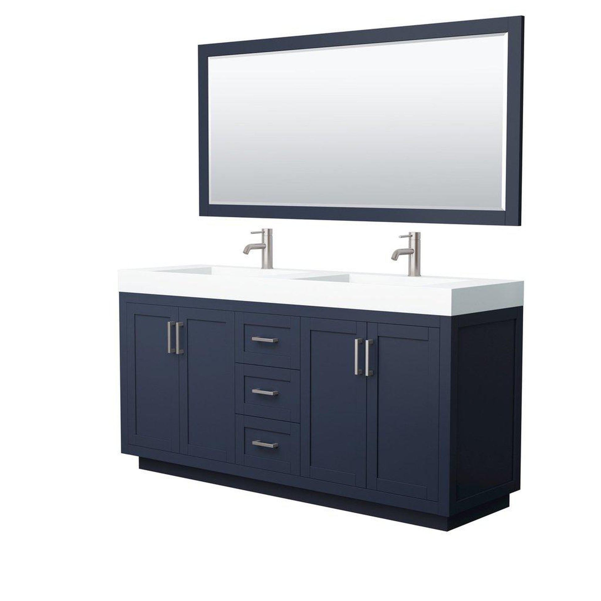 Wyndham Collection Miranda 72" Double Bathroom Dark Blue Vanity Set With 4" Thick Matte White Solid Surface Countertop, Integrated Sink, 70" Mirror And Brushed Nickel Trim