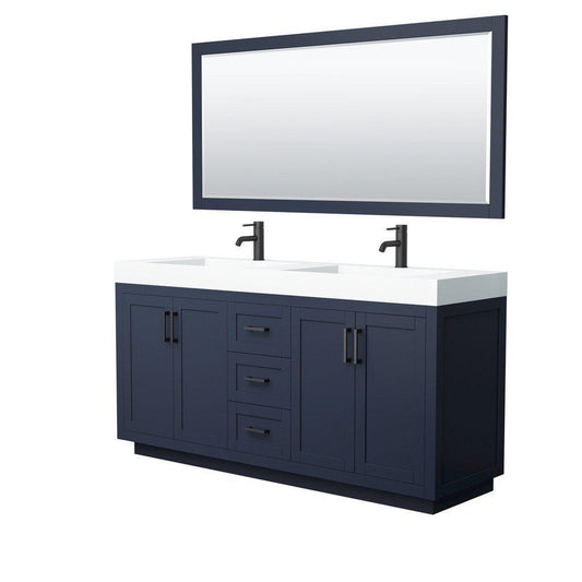 Wyndham Collection Miranda 72" Double Bathroom Dark Blue Vanity Set With 4" Thick Matte White Solid Surface Countertop, Integrated Sink, 70" Mirror And Matte Black Trim