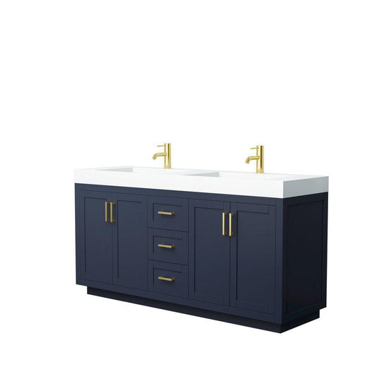 Wyndham Collection Miranda 72" Double Bathroom Dark Blue Vanity Set With 4" Thick Matte White Solid Surface Countertop, Integrated Sink, And Brushed Gold Trim