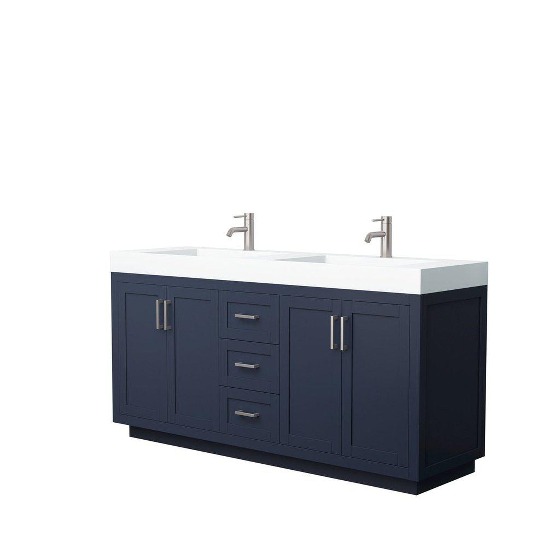 Wyndham Collection Miranda 72" Double Bathroom Dark Blue Vanity Set With 4" Thick Matte White Solid Surface Countertop, Integrated Sink, And Brushed Nickel Trim