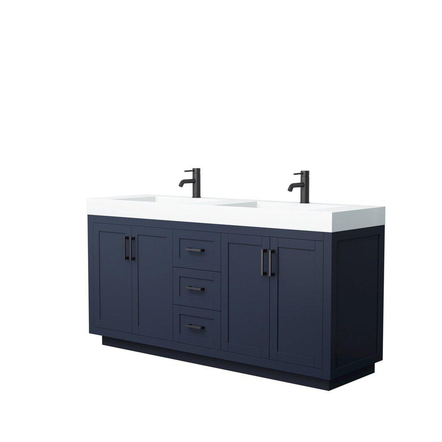 Wyndham Collection Miranda 72" Double Bathroom Dark Blue Vanity Set With 4" Thick Matte White Solid Surface Countertop, Integrated Sink, And Matte Black Trim
