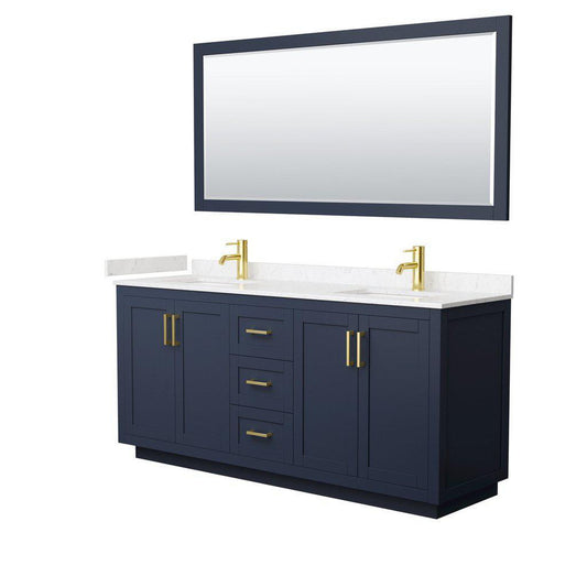 Wyndham Collection Miranda 72" Double Bathroom Dark Blue Vanity Set With Light-Vein Carrara Cultured Marble Countertop, Undermount Square Sink, 70" Mirror And Brushed Gold Trim