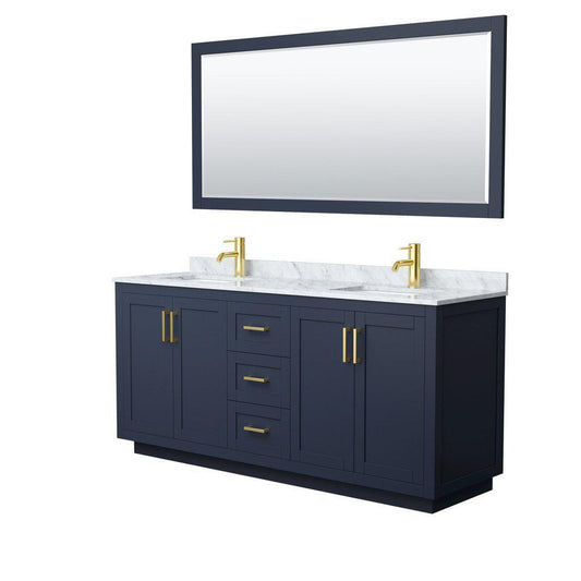 Wyndham Collection Miranda 72" Double Bathroom Dark Blue Vanity Set With White Carrara Marble Countertop, Undermount Square Sink, 70" Mirror And Brushed Gold Trim