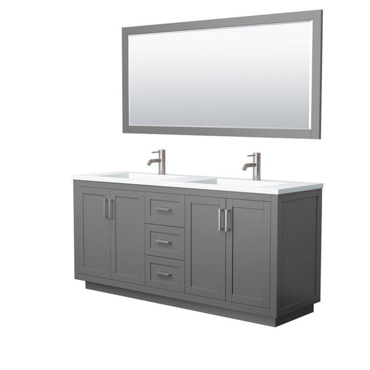 Wyndham Collection Miranda 72" Double Bathroom Dark Gray Vanity Set With 1.25" Thick Matte White Solid Surface Countertop, Integrated Sink, 70" Mirror And Brushed Nickel Trim