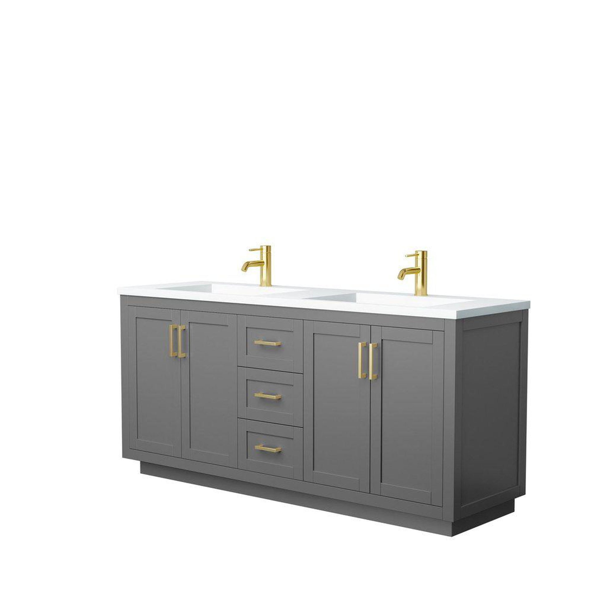 Wyndham Collection Miranda 72" Double Bathroom Dark Gray Vanity Set With 1.25" Thick Matte White Solid Surface Countertop, Integrated Sink, And Brushed Gold Trim