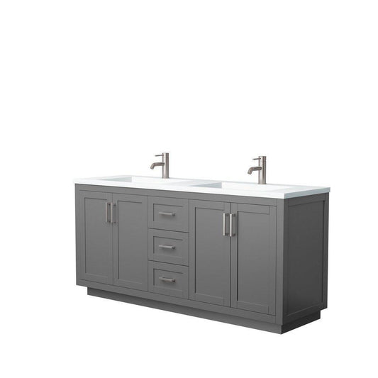 Wyndham Collection Miranda 72" Double Bathroom Dark Gray Vanity Set With 1.25" Thick Matte White Solid Surface Countertop, Integrated Sink, And Brushed Nickel Trim