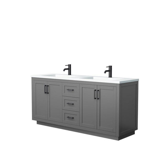 Wyndham Collection Miranda 72" Double Bathroom Dark Gray Vanity Set With 1.25" Thick Matte White Solid Surface Countertop, Integrated Sink, And Matte Black Trim