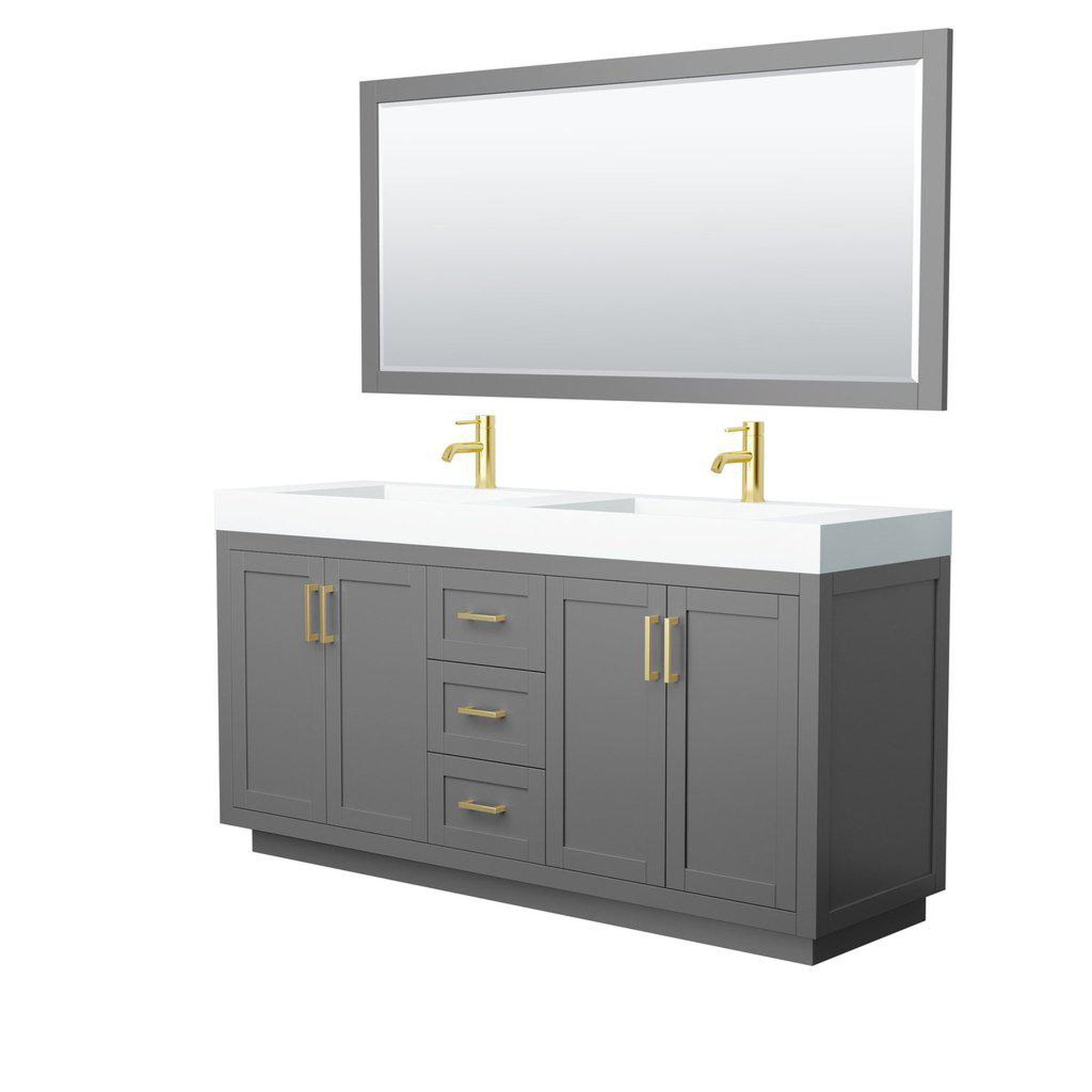 Wyndham Collection Miranda 72" Double Bathroom Dark Gray Vanity Set With 4" Thick Matte White Solid Surface Countertop, Integrated Sink, 70" Mirror And Brushed Gold Trim