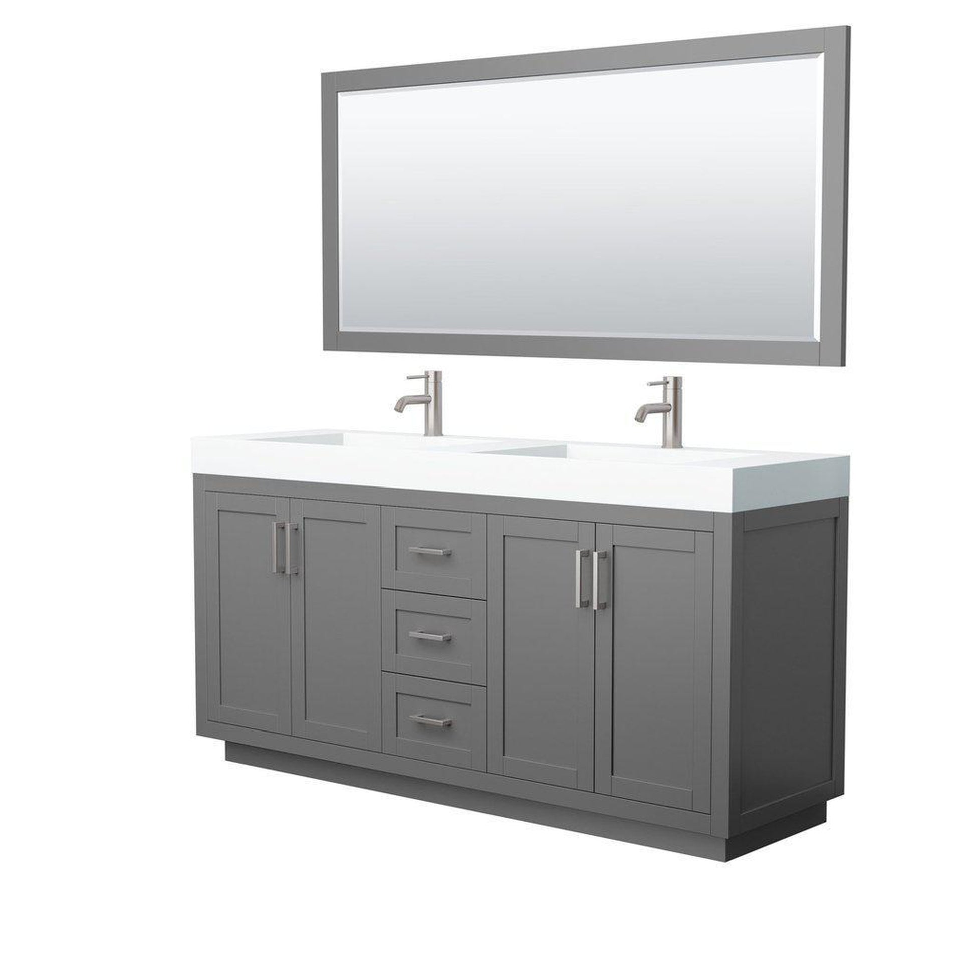 Wyndham Collection Miranda 72" Double Bathroom Dark Gray Vanity Set With 4" Thick Matte White Solid Surface Countertop, Integrated Sink, 70" Mirror And Brushed Nickel Trim