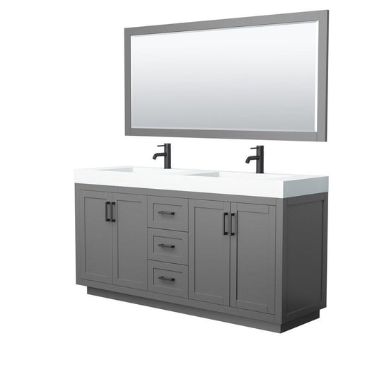Wyndham Collection Miranda 72" Double Bathroom Dark Gray Vanity Set With 4" Thick Matte White Solid Surface Countertop, Integrated Sink, 70" Mirror And Matte Black Trim
