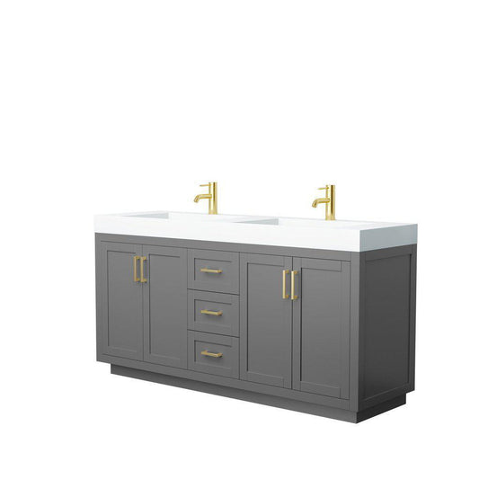 Wyndham Collection Miranda 72" Double Bathroom Dark Gray Vanity Set With 4" Thick Matte White Solid Surface Countertop, Integrated Sink, And Brushed Gold Trim