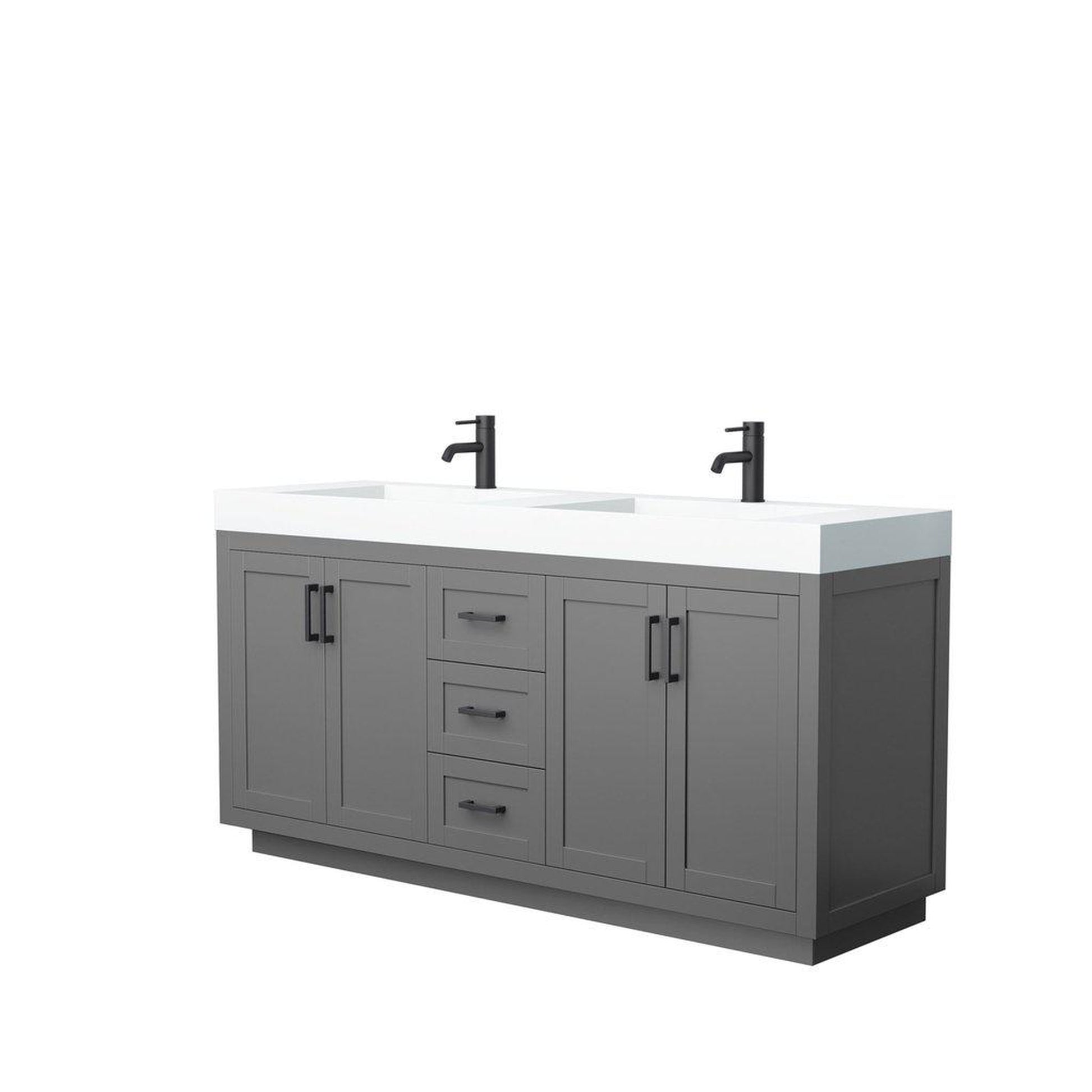 Wyndham Collection Miranda 72" Double Bathroom Dark Gray Vanity Set With 4" Thick Matte White Solid Surface Countertop, Integrated Sink, And Matte Black Trim
