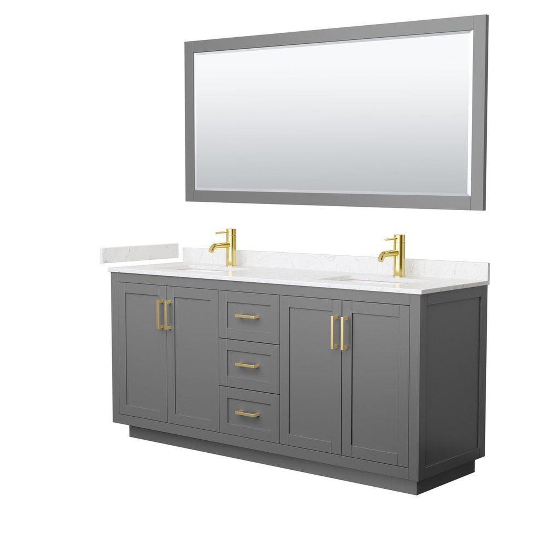 Wyndham Collection Miranda 72" Double Bathroom Dark Gray Vanity Set With Light-Vein Carrara Cultured Marble Countertop, Undermount Square Sink, 70" Mirror And Brushed Gold Trim